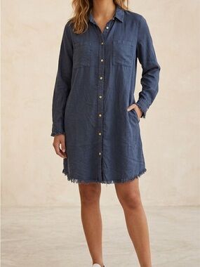 Zilcremo Navy Blue Button-Down Tunic Shirt Dress - Size L - Frayed Hem